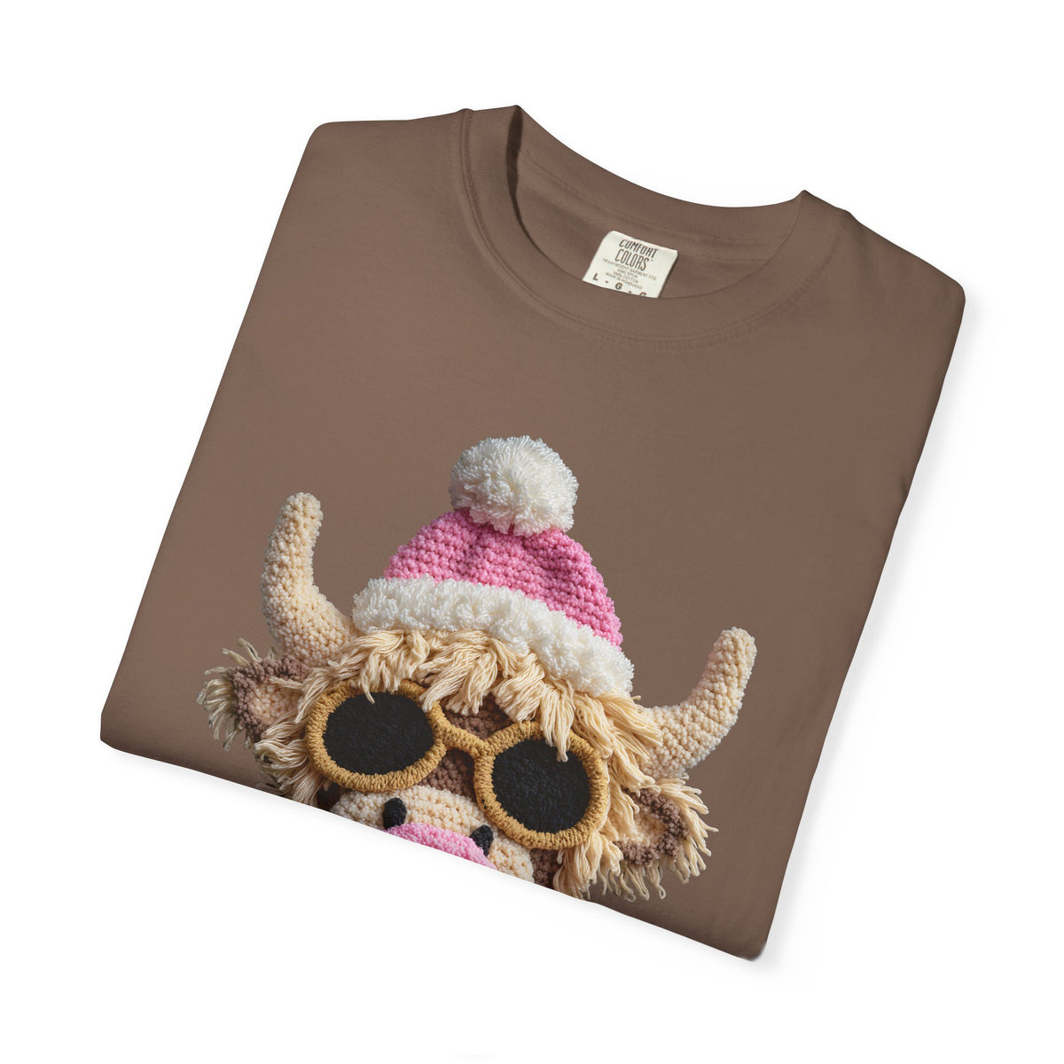 Faux Crochet Highland Cow Bubblegum - Comfort Colors | Trendy Women's T-Shirt. Direct to Garment. Printed & Shipped in the USA. Unisex Sizes.