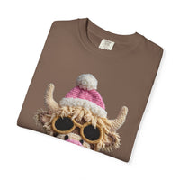Faux Crochet Highland Cow Bubblegum - Comfort Colors | Trendy Women's T-Shirt. Direct to Garment. Printed & Shipped in the USA. Unisex Sizes.