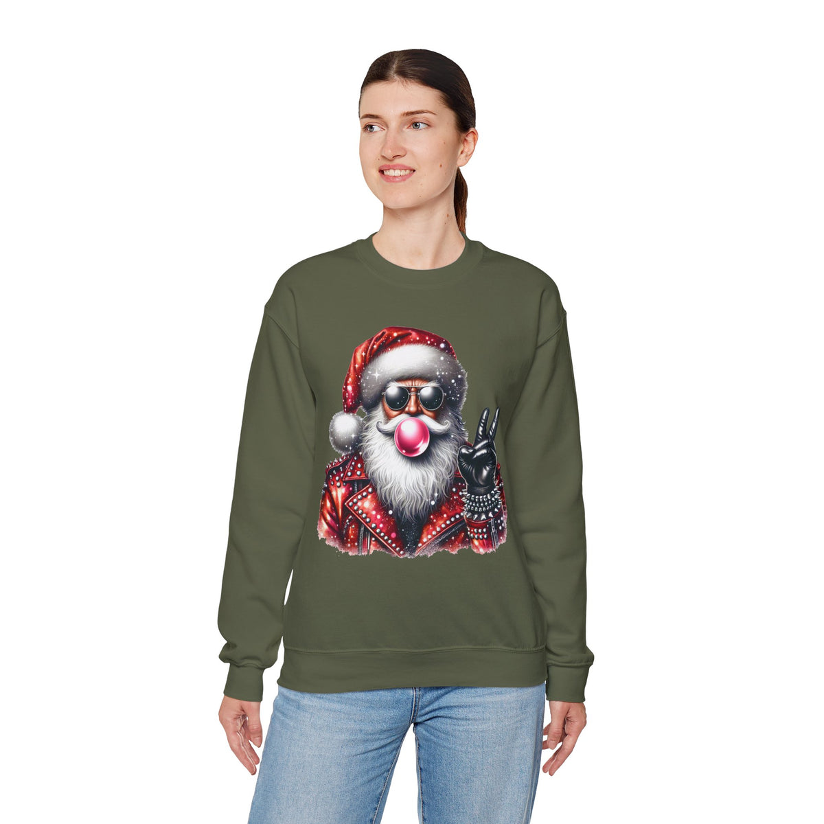 Biker Santa Leather Jacket Bubblegum – Gildan Heavy Blend | Trendy Women’s and Men's Soft Sweatshirt. Direct to Garment. Printed & Shipped in the USA. Unisex Sizes.