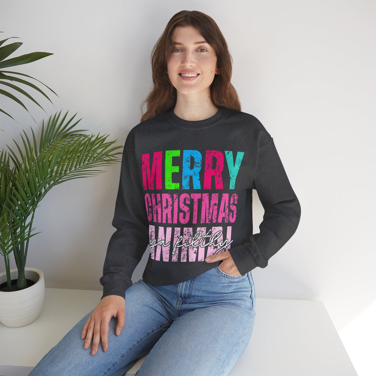 Merry Christmas Ya Filthy Animal – Gildan Heavy Blend | Trendy Women’s Soft Sweatshirt. Direct to Garment. Printed & Shipped in the USA. Unisex Sizes.