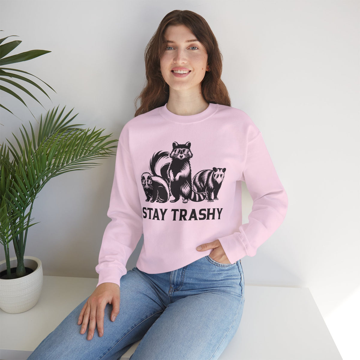 Stay Trashy, Skunk Raccoon Possum – Gildan Heavy Blend | Trendy Women’s and Men's Soft Sweatshirt. Direct to Garment. Printed & Shipped in the USA. Unisex Sizes.