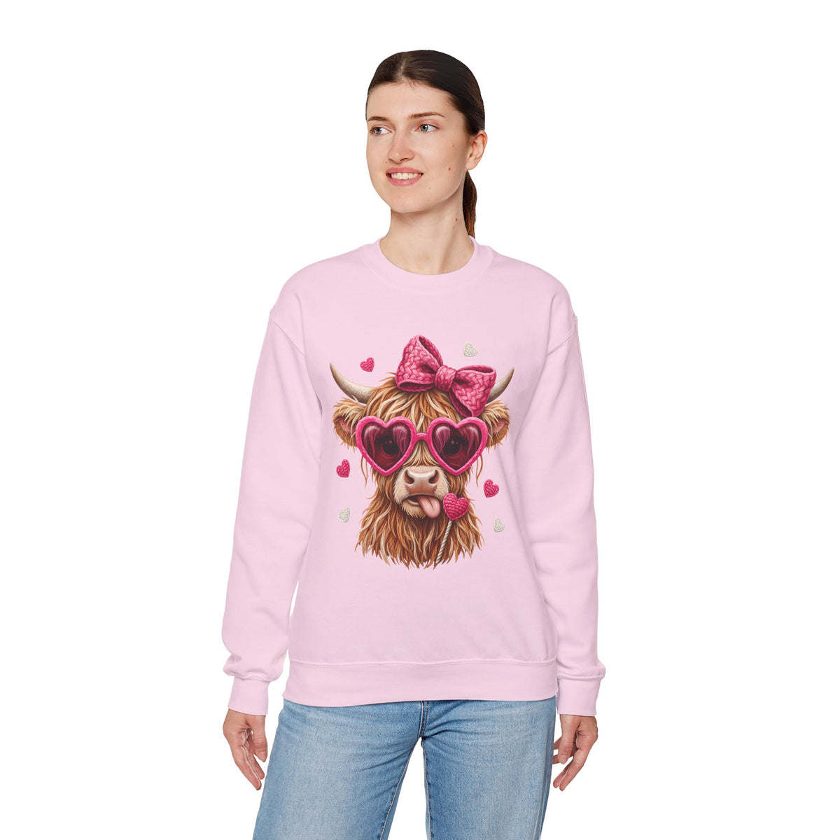 Highland Cow - Pink Heart Shaped Glasses – Gildan Heavy Blend | Trendy Women’s Soft Sweatshirt. Direct to Garment. Printed & Shipped in the USA. Unisex Sizes.