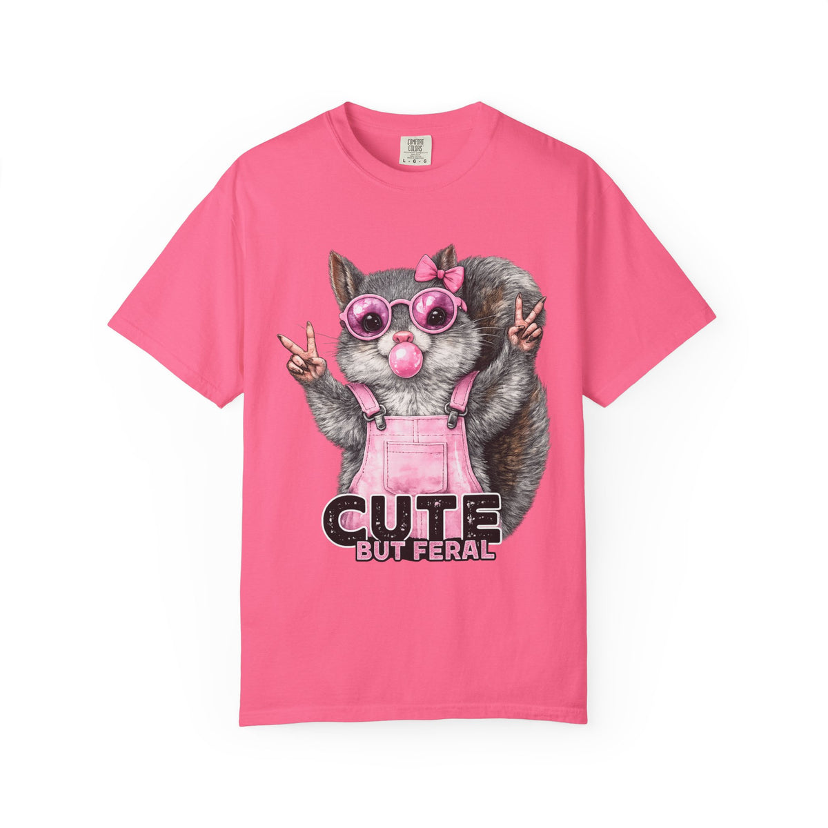Cute But Feral, Squirrel in Pink Bibs - Comfort Colors | Trendy Women's T-Shirt. Direct to Garment. Printed & Shipped in the USA. Unisex Sizes.