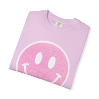 Faux Glitter Smiley - Comfort Colors | Trendy Women's T-Shirt. Direct to Garment. Printed & Shipped in the USA. Unisex Sizes.