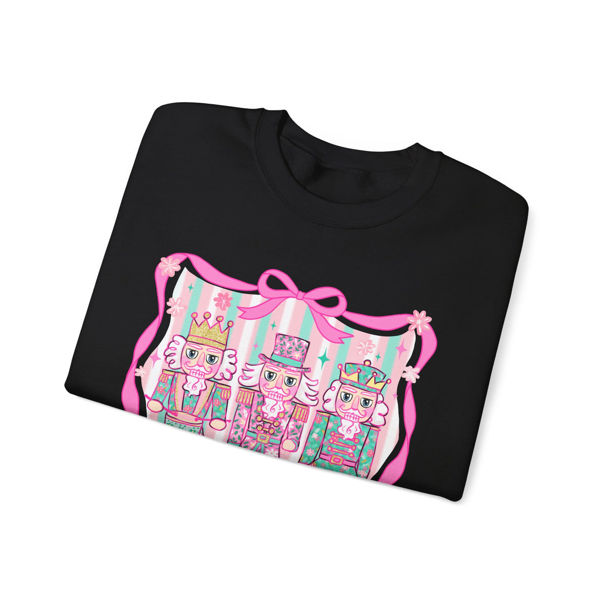 Coquette Pastel Christmas Nutcracker Trio Pink and Green – Gildan Heavy Blend | Trendy Women’s Soft Sweatshirt. Direct to Garment. Printed & Shipped in the USA. Unisex Sizes.