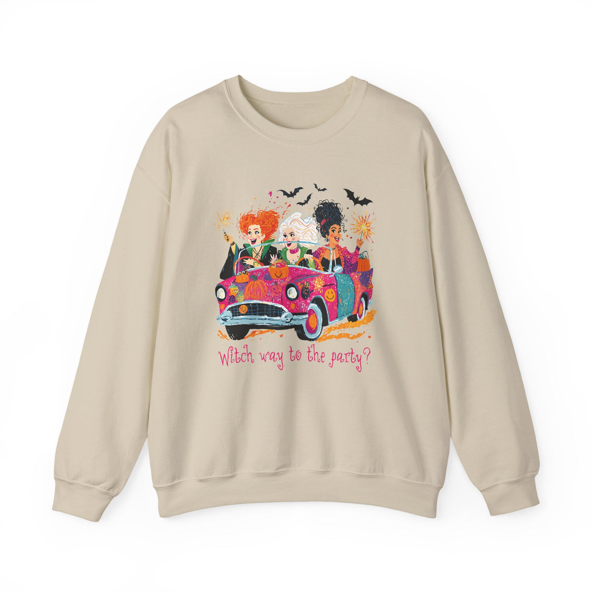 Witch Way to the Party? – Gildan Heavy Blend | Trendy Women’s Soft Sweatshirt. Direct to Garment. Printed & Shipped in the USA. Unisex Sizes.