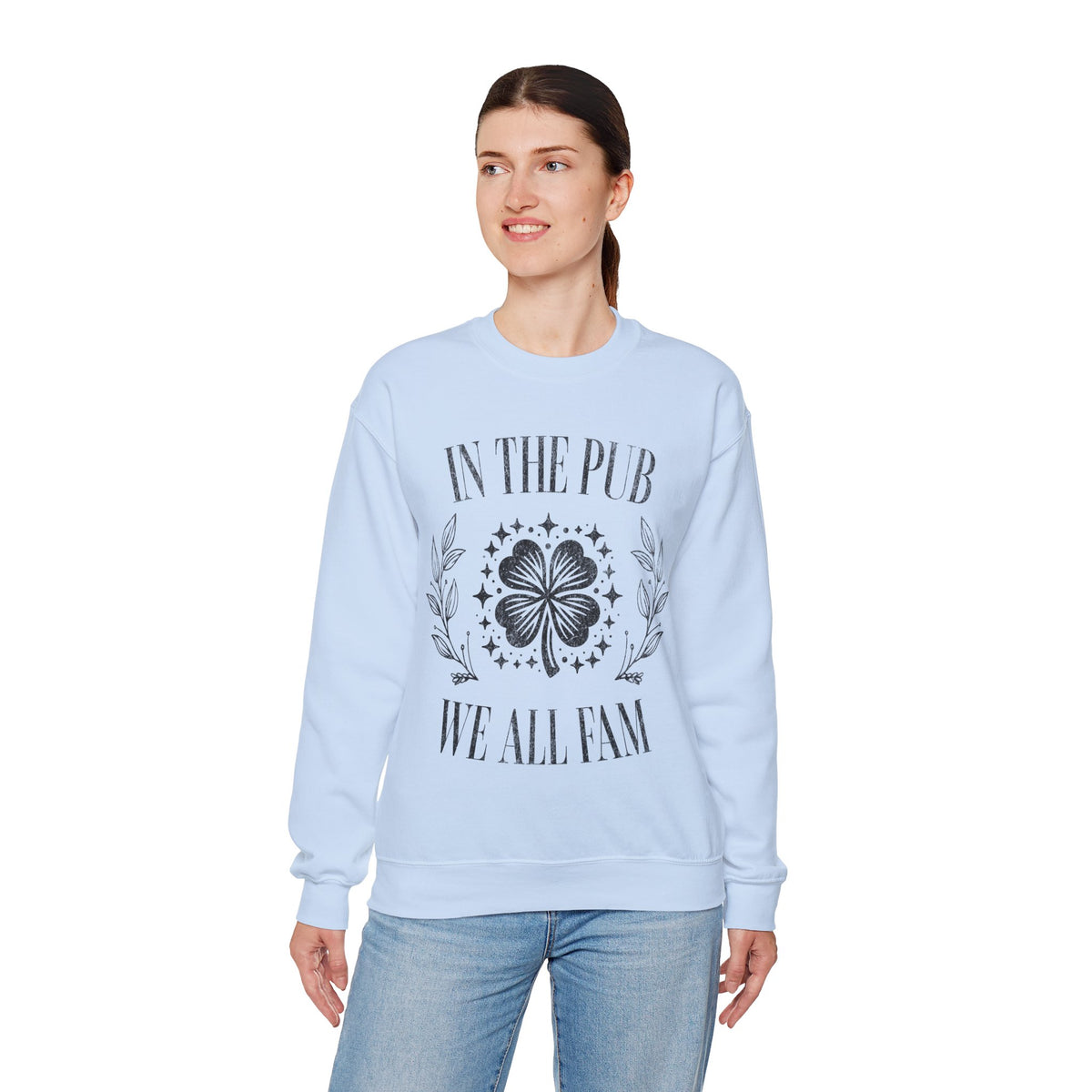 In the Pub We All Fam, Vintage – Gildan Heavy Blend | Trendy Women’s and Men's Soft Sweatshirt. Direct to Garment. Printed & Shipped in the USA. Unisex Sizes.