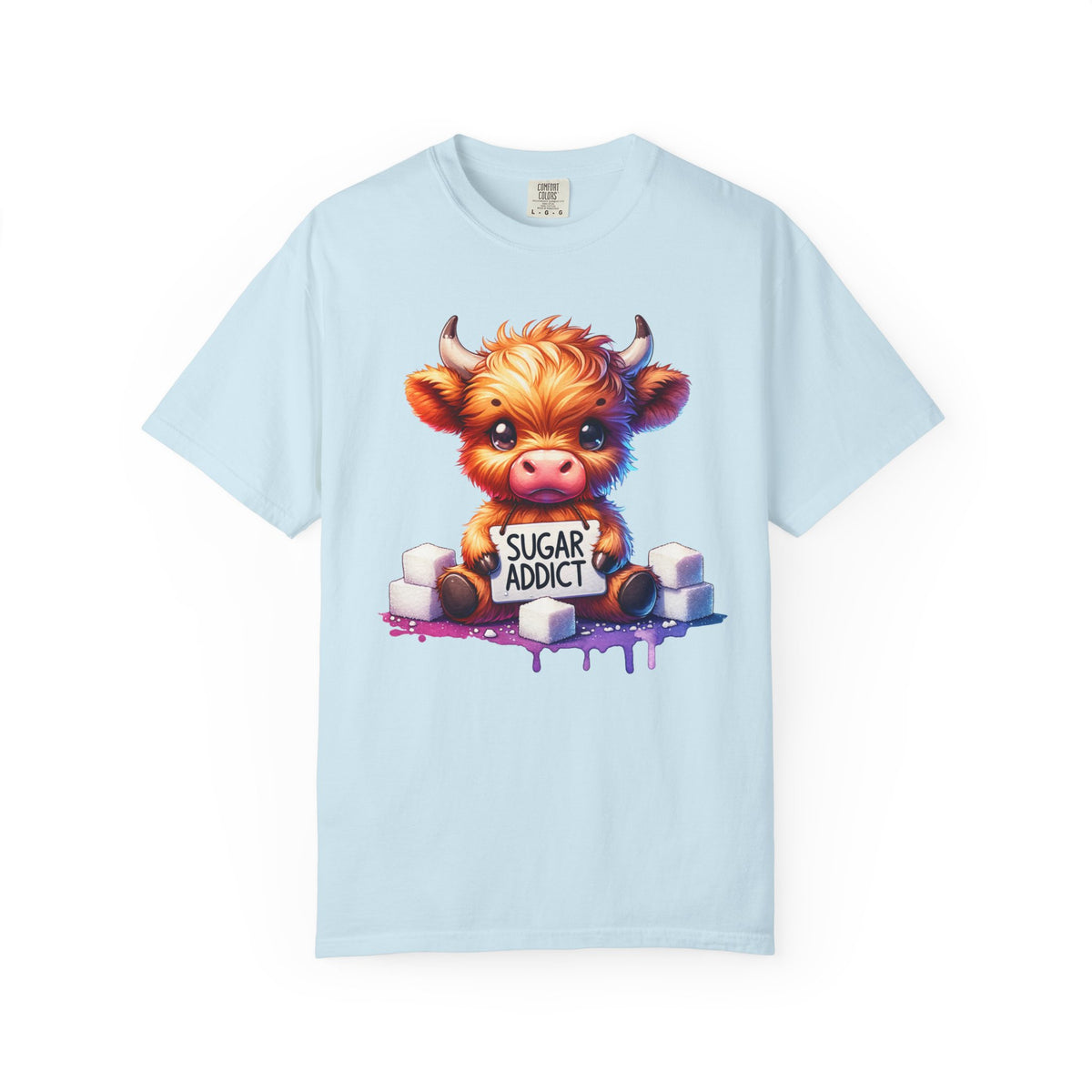 Sugar Addict Highland Cow - Comfort Colors | Trendy Women's T-Shirt. Direct to Garment. Printed & Shipped in the USA. Unisex Sizes.