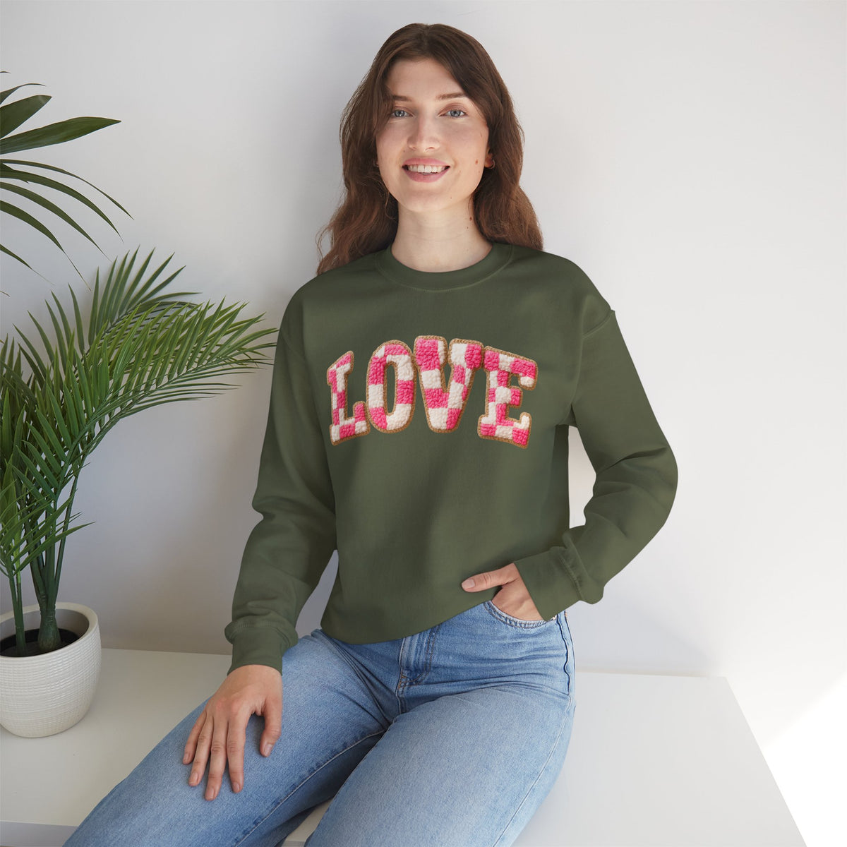 Faux Crochet Checkered LOVE – Gildan Heavy Blend | Trendy Women’s Soft Sweatshirt. Direct to Garment. Printed & Shipped in the USA. Unisex Sizes.