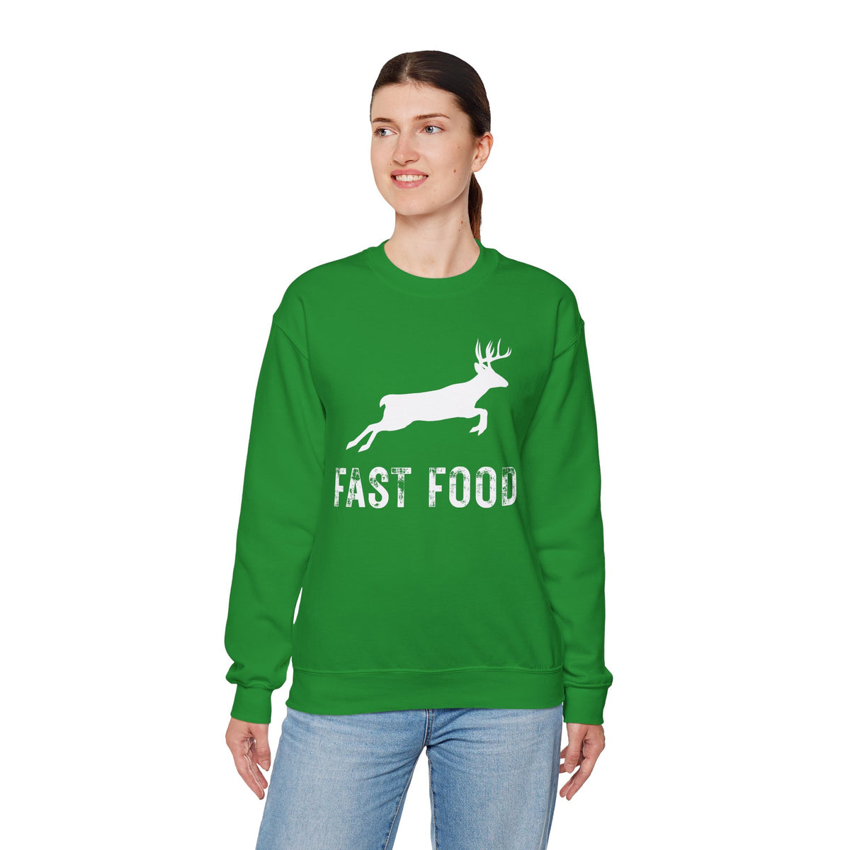 Fast Food Deer Hunting Humor Distressed – Gildan Heavy Blend | Trendy Men's and Women’s Soft Sweatshirt. Direct to Garment. Printed & Shipped in the USA. Unisex Sizes.