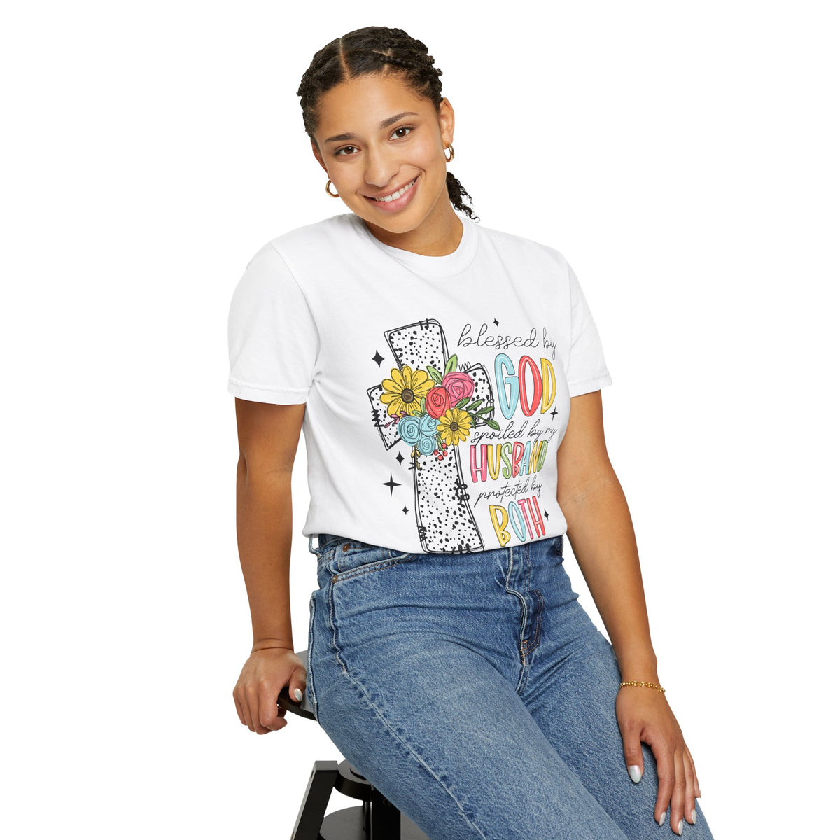 Blessed by God, Spoiled by Husband, Protect by Both - Comfort Colors | Trendy Women's T-Shirt. Direct to Garment. Printed & Shipped in the USA. Unisex Sizes.