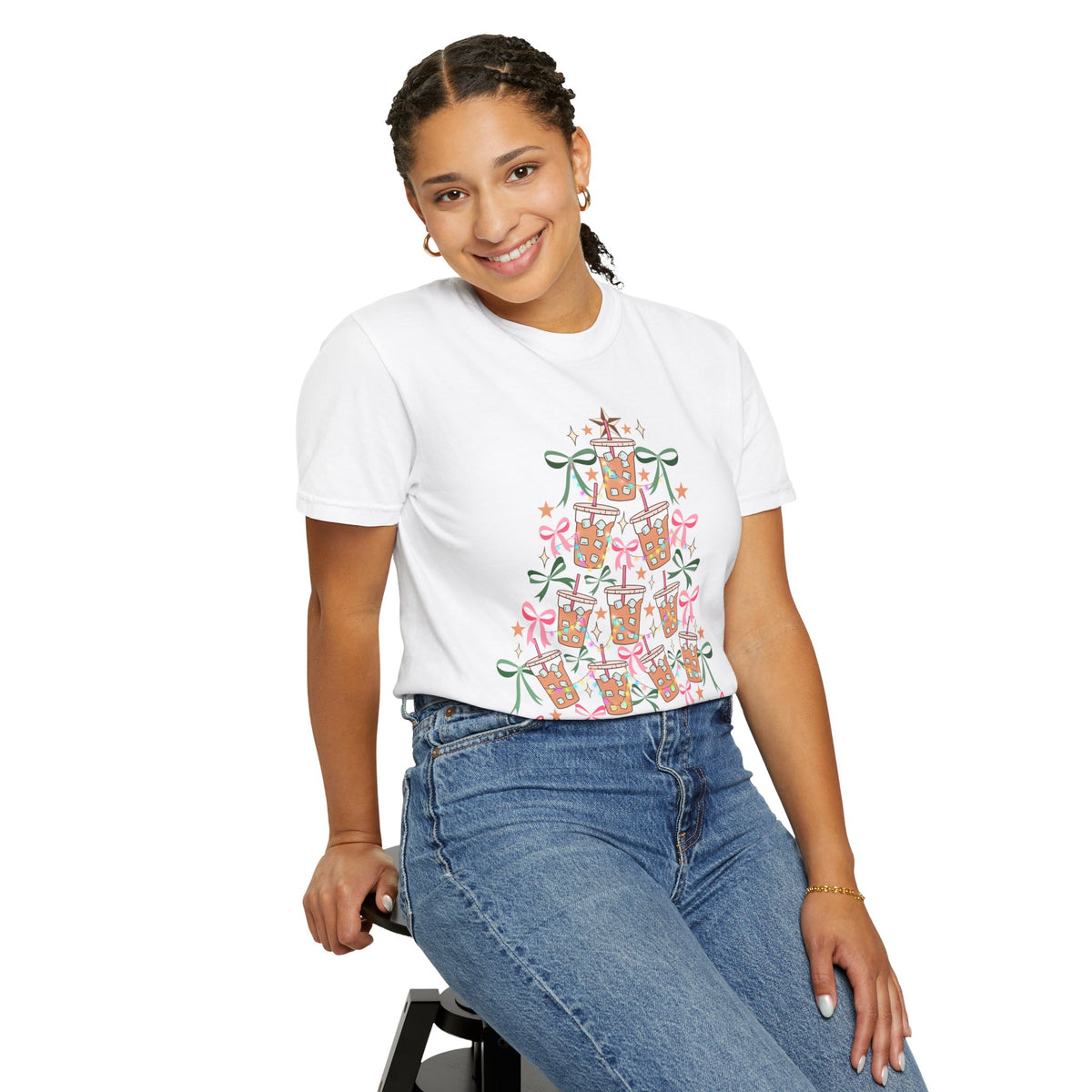 Merry and Caffeinated Iced Coffee Christmas Tree - Comfort Colors | Trendy Women's T-Shirt. Direct to Garment. Printed & Shipped in the USA. Unisex Sizes.