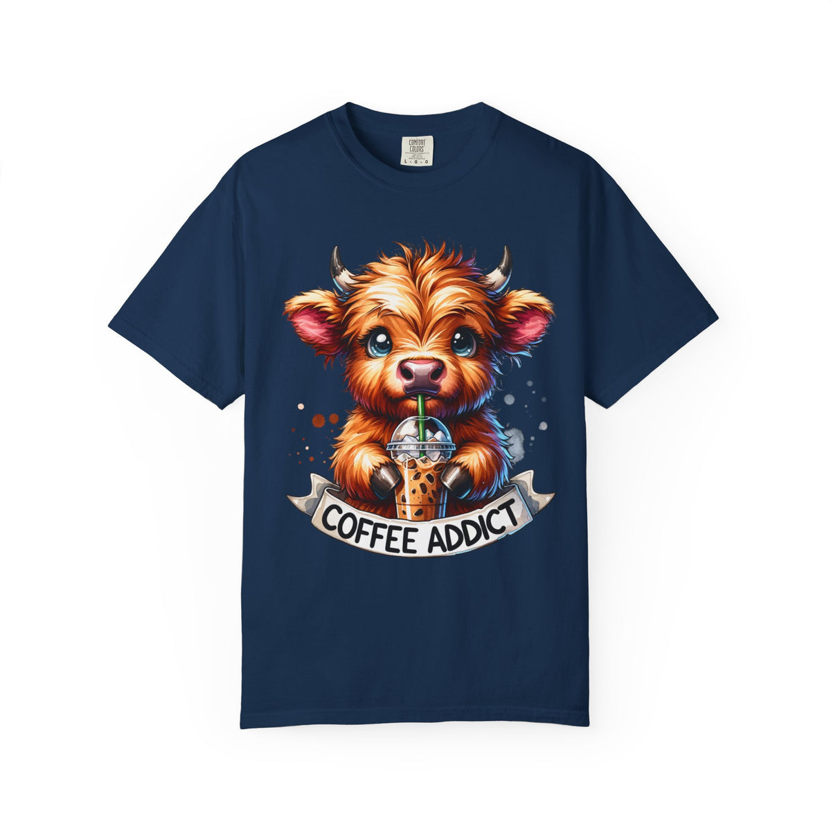Coffee Addict Highland Cow Drinking Iced Coffee - Comfort Colors | Trendy Women's T-Shirt. Direct to Garment. Printed & Shipped in the USA. Unisex Sizes.
