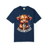 Coffee Addict Highland Cow Drinking Iced Coffee - Comfort Colors | Trendy Women's T-Shirt. Direct to Garment. Printed & Shipped in the USA. Unisex Sizes.