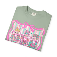 Coquette Pastel Christmas Nutcracker Trio Pink and Green - Comfort Colors | Trendy Women's T-Shirt. Direct to Garment. Printed & Shipped in the USA. Unisex Sizes.