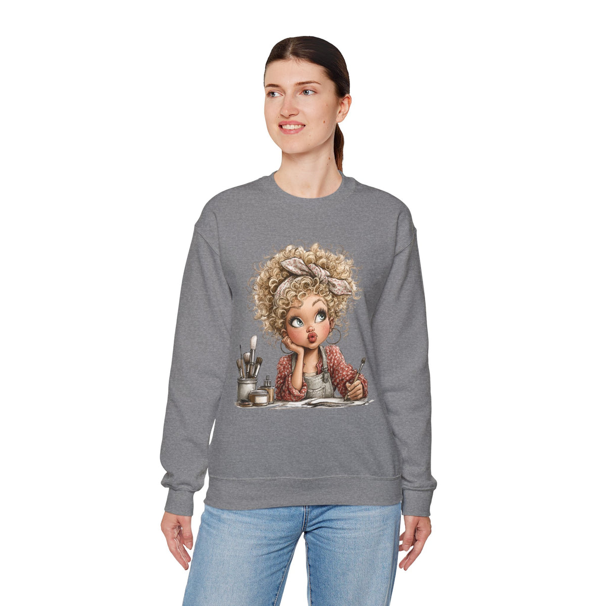 Cute Artist Curly Girl – Gildan Heavy Blend | Trendy Women’s Soft Sweatshirt. Direct to Garment. Printed & Shipped in the USA. Unisex Sizes.