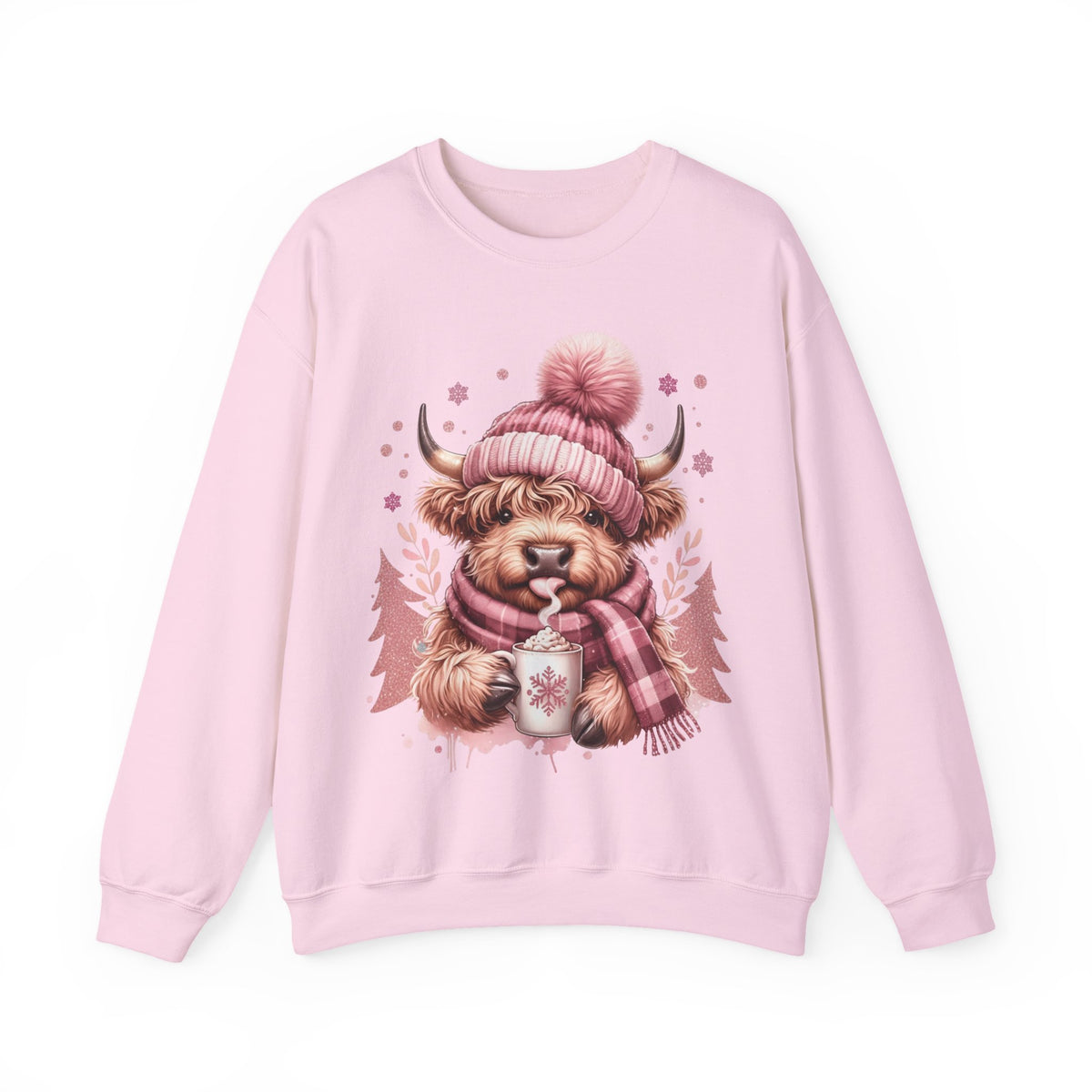 Cozy Highland Cow, Winter Coffee Mug & Scarf Pink – Gildan Heavy Blend | Trendy Women’s Soft Sweatshirt. Direct to Garment. Printed & Shipped in the USA. Unisex Sizes.