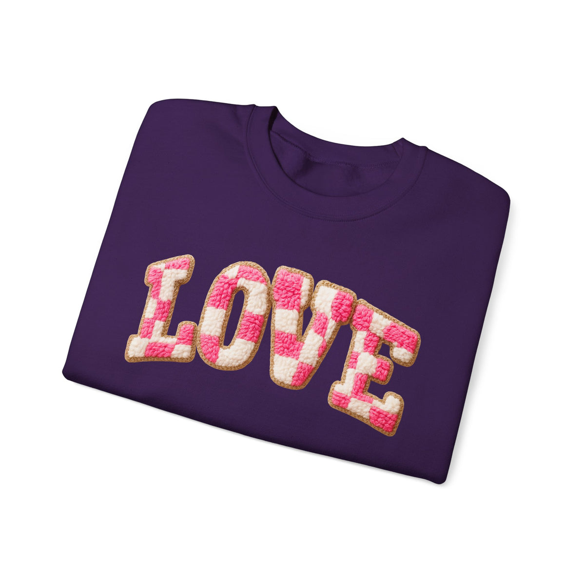 Faux Crochet Checkered LOVE – Gildan Heavy Blend | Trendy Women’s Soft Sweatshirt. Direct to Garment. Printed & Shipped in the USA. Unisex Sizes.
