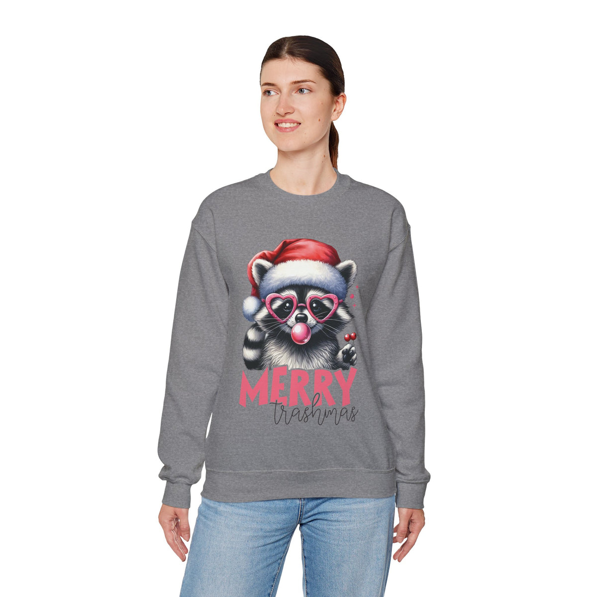 Merry Trashmas Bubblegum Raccoon w/Santa Hat Christmas – Gildan Heavy Blend | Trendy Women’s Soft Sweatshirt. Direct to Garment. Printed & Shipped in the USA. Unisex Sizes.