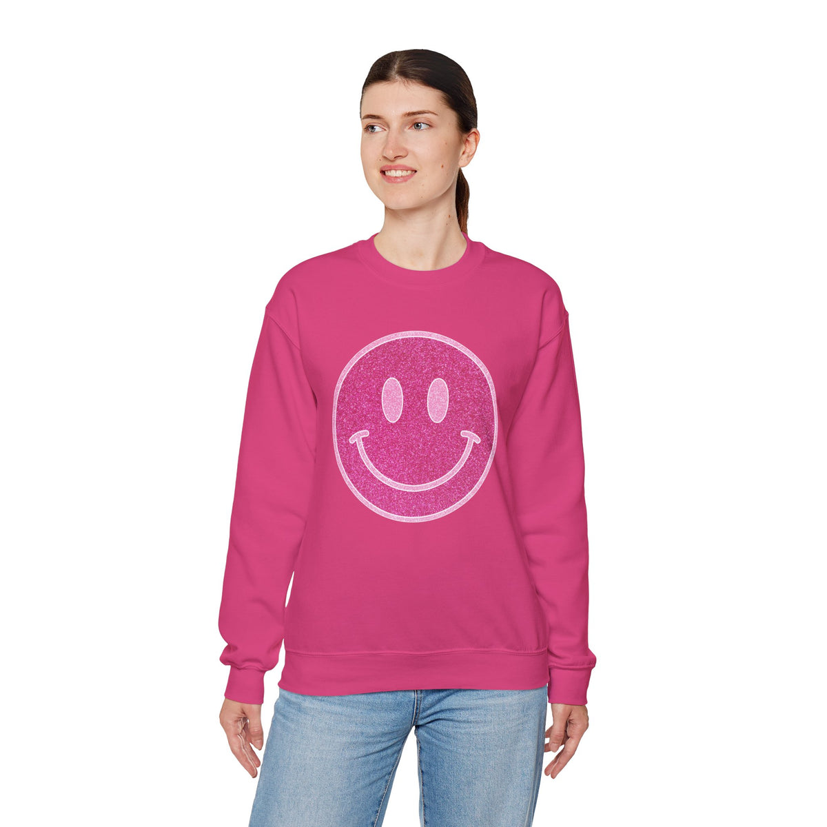 Glitter Smiley – Gildan Heavy Blend | Trendy Women’s Soft Sweatshirt. Direct to Garment. Printed & Shipped in the USA. Unisex Sizes.