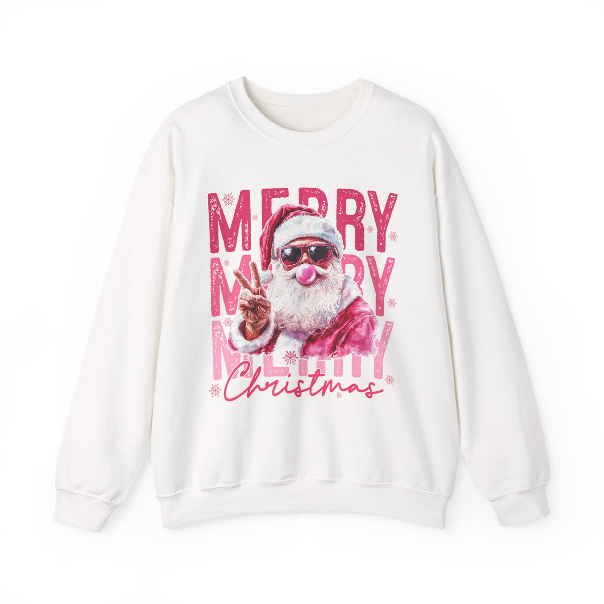 Pink Merry Christmas Bubblegum Santa – Gildan Heavy Blend | Trendy Women’s Soft Sweatshirt. Direct to Garment. Printed & Shipped in the USA. Unisex Sizes.