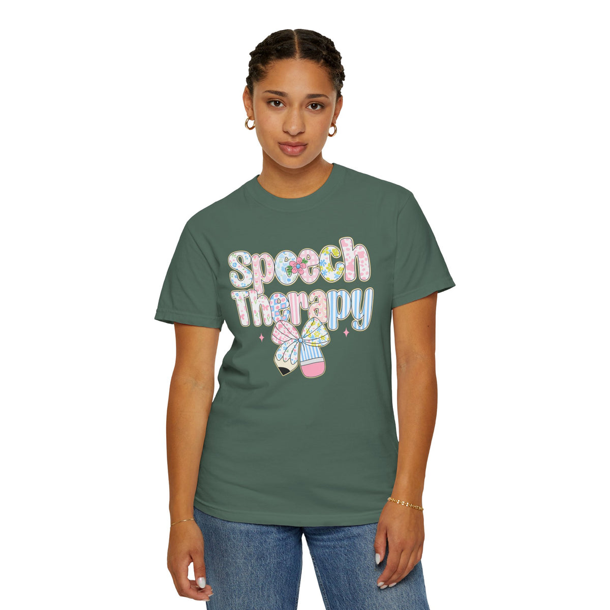 Speech Therapy - Pink Blue Coquette - Comfort Colors | Trendy Women's T-Shirt. Direct to Garment. Printed & Shipped in the USA. Unisex Sizes.