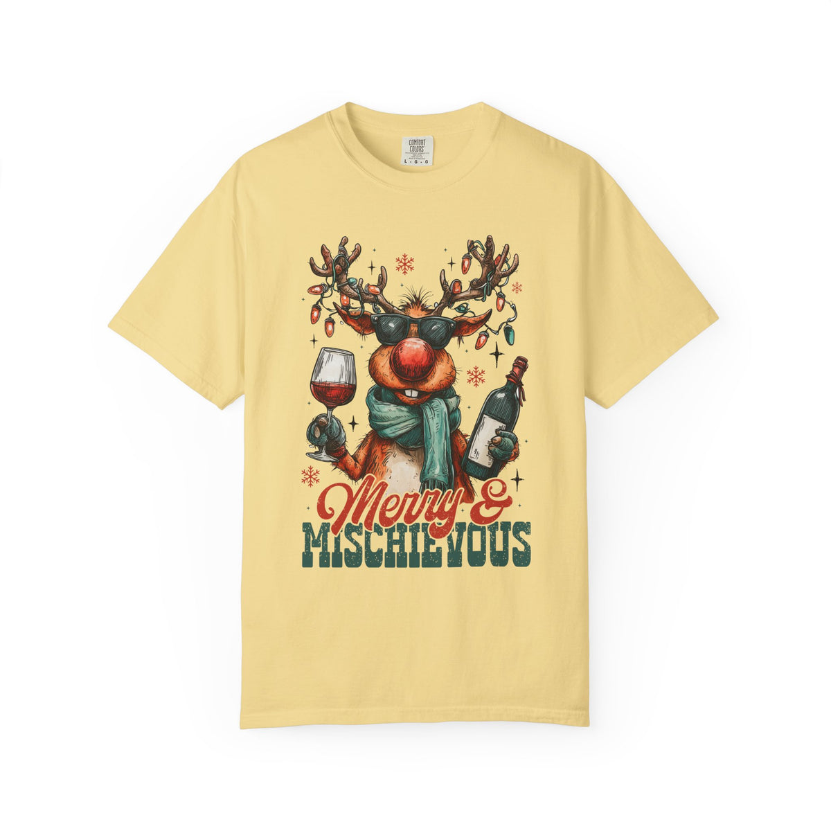 Merry & Mischievous Reindeer - Comfort Colors | Trendy Women's and Men's T-Shirt. Direct to Garment. Printed & Shipped in the USA. Unisex Sizes.