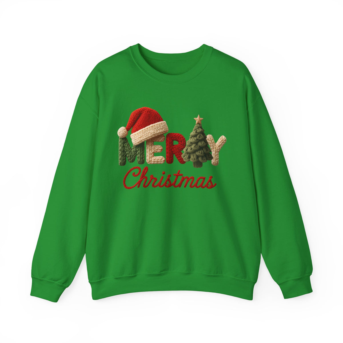 Merry Christmas Faux Yarn w/Santa Hat & Tree – Gildan Heavy Blend | Trendy Women’s Soft Sweatshirt. Direct to Garment. Printed & Shipped in the USA. Unisex Sizes.