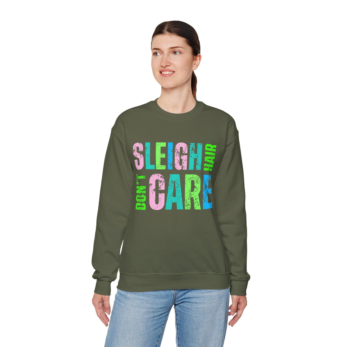 Sleigh Hair Don’t Care, Funny Christmas Graphic Tee – Gildan Heavy Blend | Trendy Women’s Soft Sweatshirt. Direct to Garment. Printed & Shipped in the USA. Unisex Sizes.