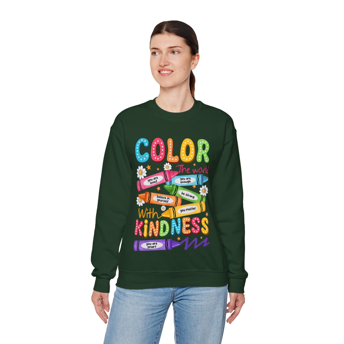 Color the World With Kindness Crayons, Great Teacher Gift – Gildan Heavy Blend | Trendy Women’s and Men's Soft Sweatshirt. Direct to Garment. Printed & Shipped in the USA. Unisex Sizes.