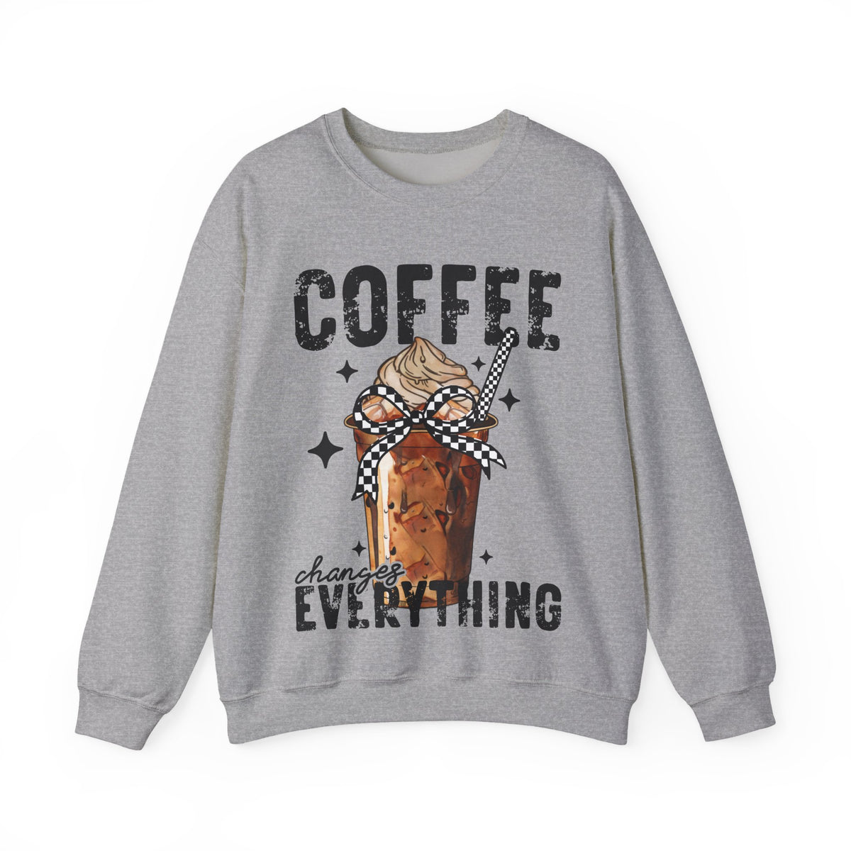 Coffee Changes Everything, Iced Coffee, Coffee Lovers – Gildan Heavy Blend | Trendy Women’s Soft Sweatshirt. Direct to Garment. Printed & Shipped in the USA. Unisex Sizes.