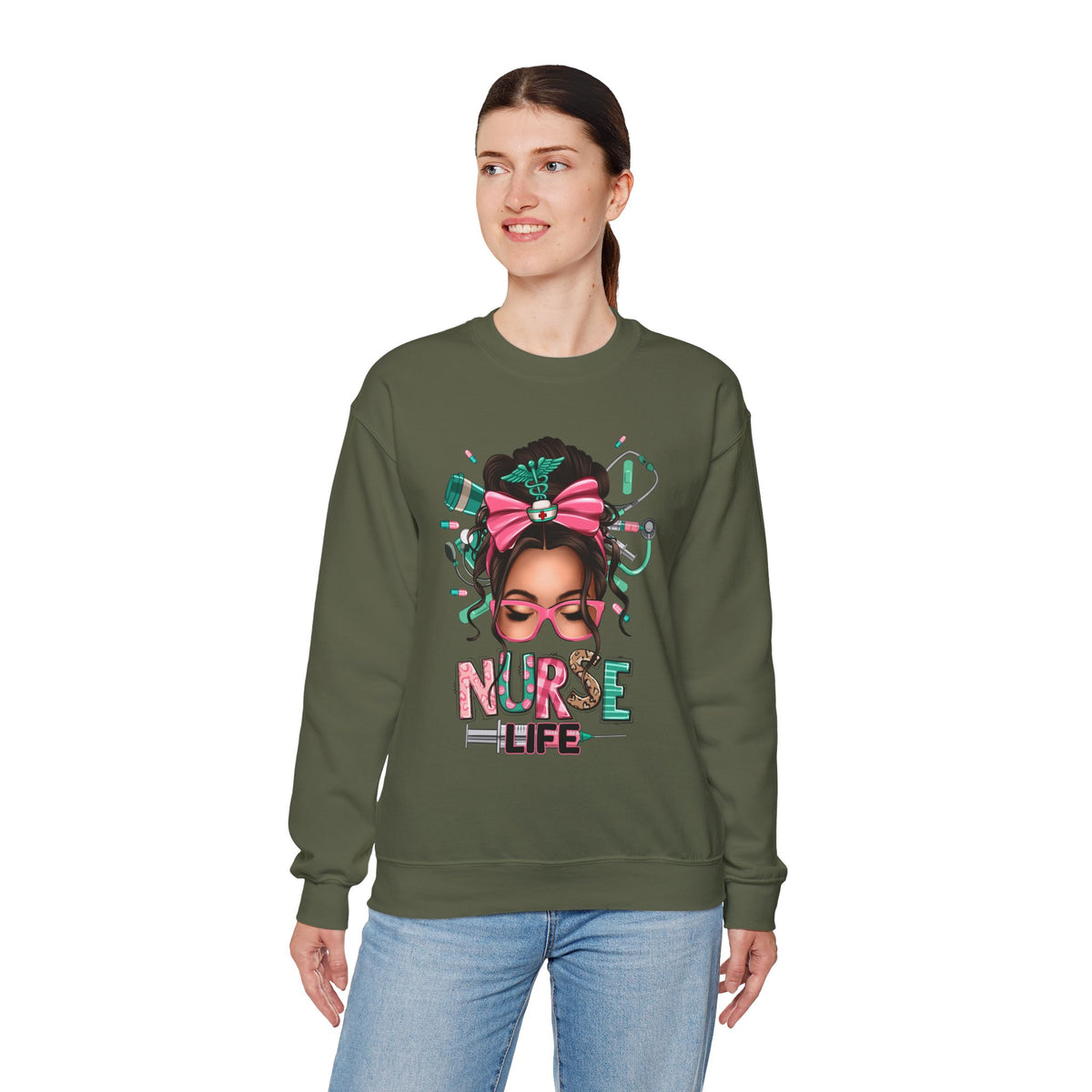 Nurse Life Messy Bun, Cute Stethescope & Syringe – Gildan Heavy Blend | Trendy Women’s Soft Sweatshirt. Direct to Garment. Printed & Shipped in the USA. Unisex Sizes.