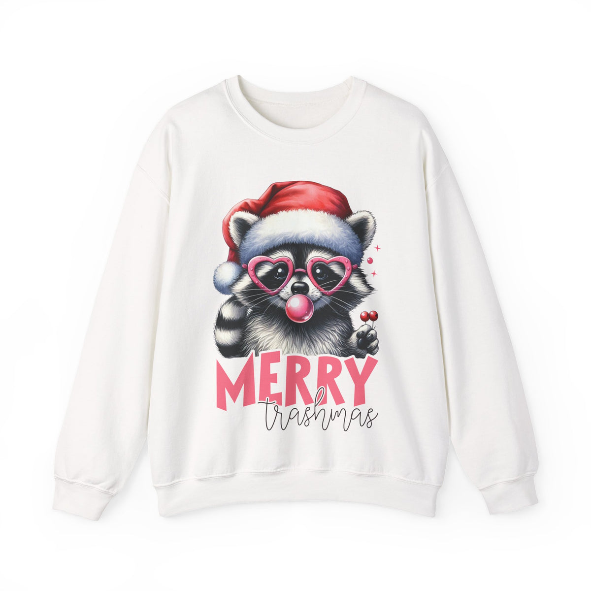 Merry Trashmas Bubblegum Raccoon w/Santa Hat Christmas – Gildan Heavy Blend | Trendy Women’s Soft Sweatshirt. Direct to Garment. Printed & Shipped in the USA. Unisex Sizes.