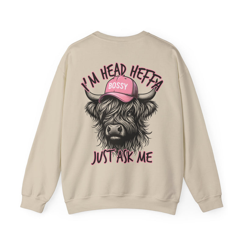 Head Heffa Highland Cow, Front & Back Print – Gildan Heavy Blend | Trendy Women’s Soft Sweatshirt. Direct to Garment. Printed & Shipped in the USA. Unisex Sizes.