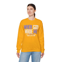 When God Made Me "This'll Be Fun" Christian Faith Distressed – Gildan Heavy Blend | Trendy Women’s and Men's Soft Sweatshirt. Direct to Garment. Printed & Shipped in the USA. Unisex Sizes.