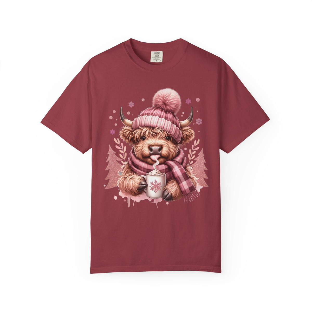 Cozy Highland Cow, Winter Coffee Mug & Scarf - Comfort Colors | Trendy Women's T-Shirt. Direct to Garment. Printed & Shipped in the USA. Unisex Sizes.