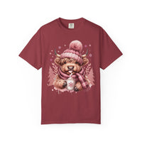 Cozy Highland Cow, Winter Coffee Mug & Scarf - Comfort Colors | Trendy Women's T-Shirt. Direct to Garment. Printed & Shipped in the USA. Unisex Sizes.