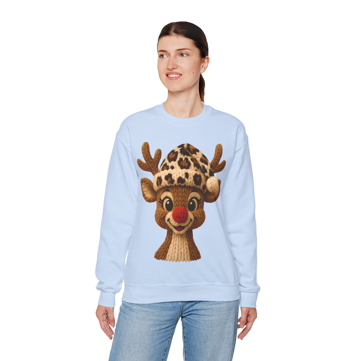 Rudolph Reindeer Leopard Santa Hat Christmas – Gildan Heavy Blend | Trendy Women’s Soft Sweatshirt. Direct to Garment. Printed & Shipped in the USA. Unisex Sizes.