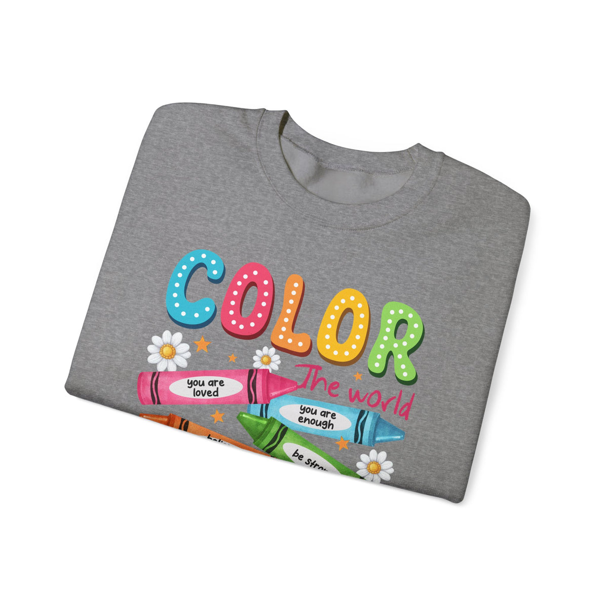 Color the World With Kindness Crayons, Great Teacher Gift – Gildan Heavy Blend | Trendy Women’s and Men's Soft Sweatshirt. Direct to Garment. Printed & Shipped in the USA. Unisex Sizes.