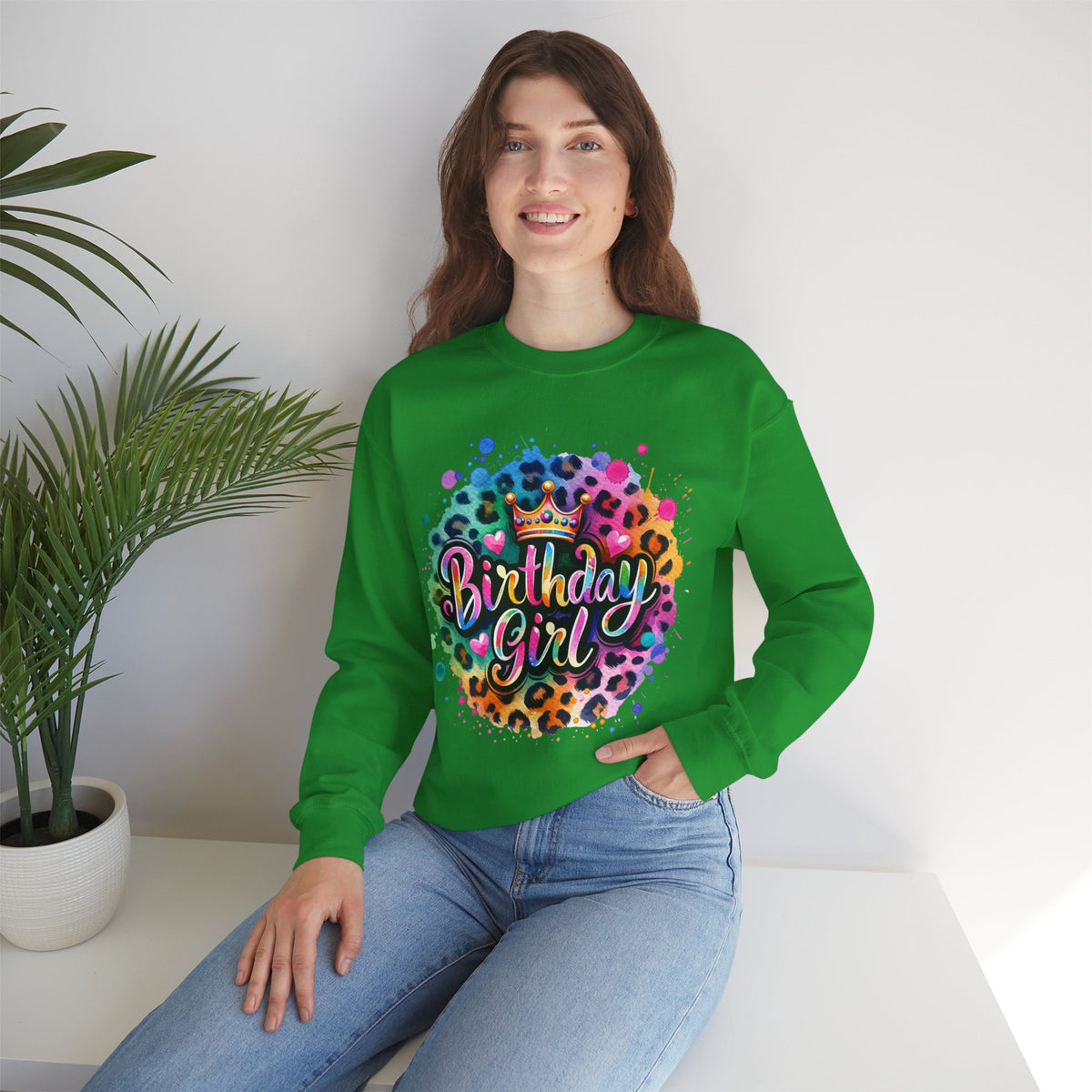 Birthday Girl, Neon Leopard – Gildan Heavy Blend | Trendy Women’s Soft Sweatshirt. Direct to Garment. Printed & Shipped in the USA. Unisex Sizes.