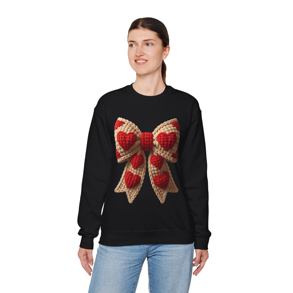 Faux Crochet Valentine Bow – Gildan Heavy Blend | Trendy Women’s Soft Sweatshirt. Direct to Garment. Printed & Shipped in the USA. Unisex Sizes.