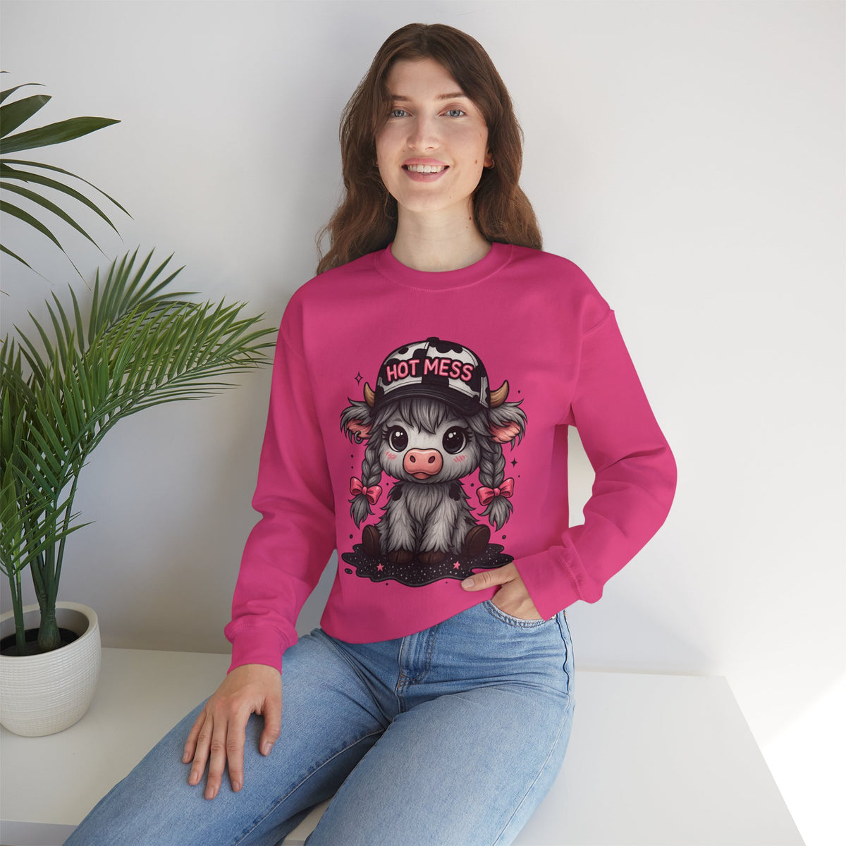 Cute Highland Cow 'Hot Mess' In Braids – Gildan Heavy Blend | Trendy Women’s Soft Sweatshirt. Direct to Garment. Printed & Shipped in the USA. Unisex Sizes.