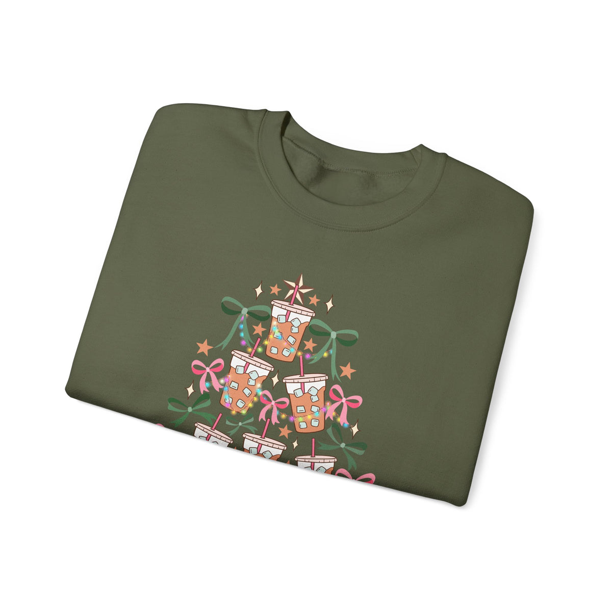 Merry and Caffeinated Iced Coffee Christmas Tree – Gildan Heavy Blend | Trendy Women’s Soft Sweatshirt. Direct to Garment. Printed & Shipped in the USA. Unisex Sizes.