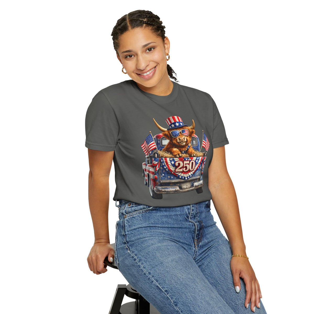 Patriotic Highland, America's 250th Birthday - Comfort Colors | Trendy Women's and Men's T-Shirt. Direct to Garment. Printed & Shipped in the USA. Unisex Sizes.