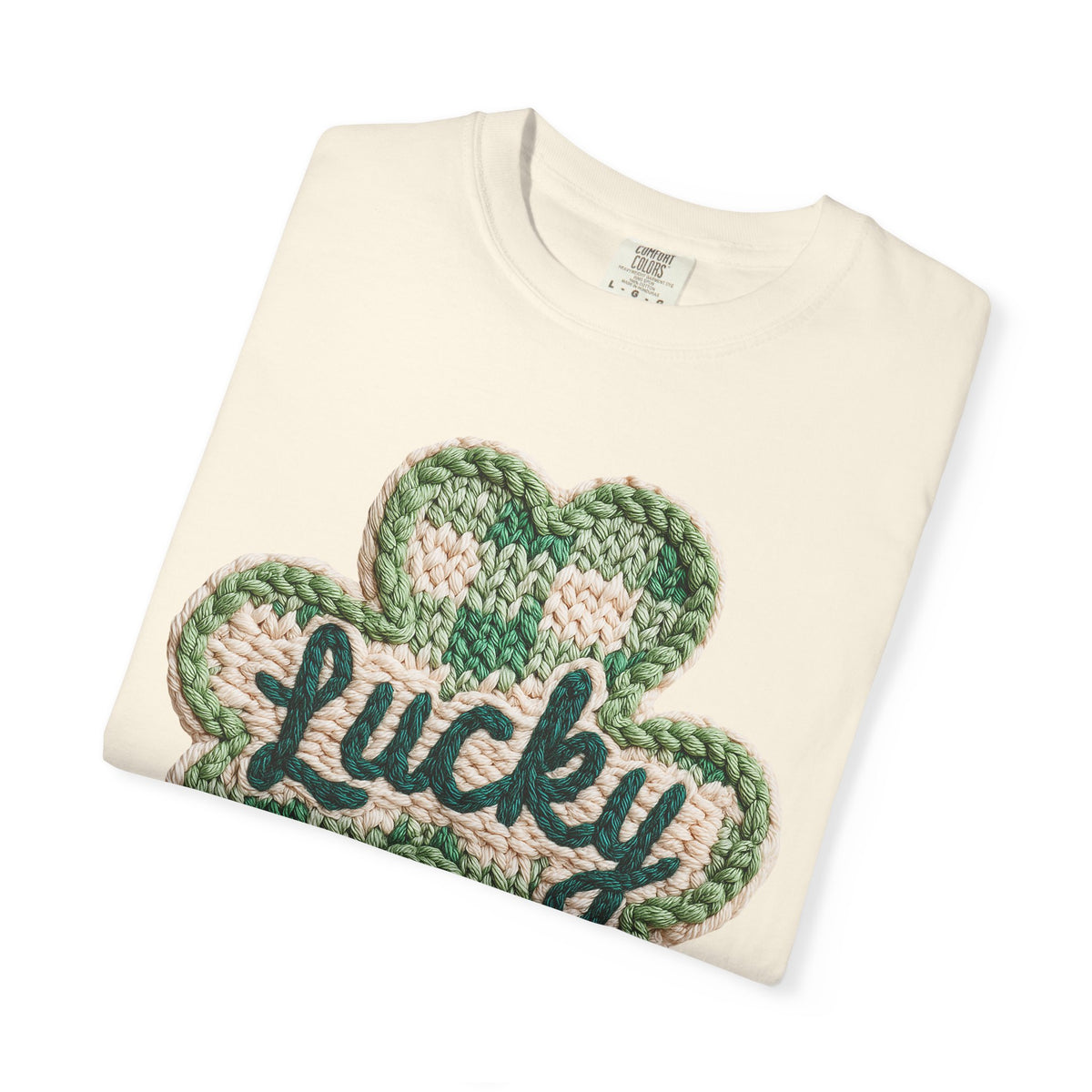 Lucky Shamrock Faux Knit - Comfort Colors | Trendy Men's and Women's T-Shirt. Direct to Garment. Printed & Shipped in the USA. Unisex Sizes.