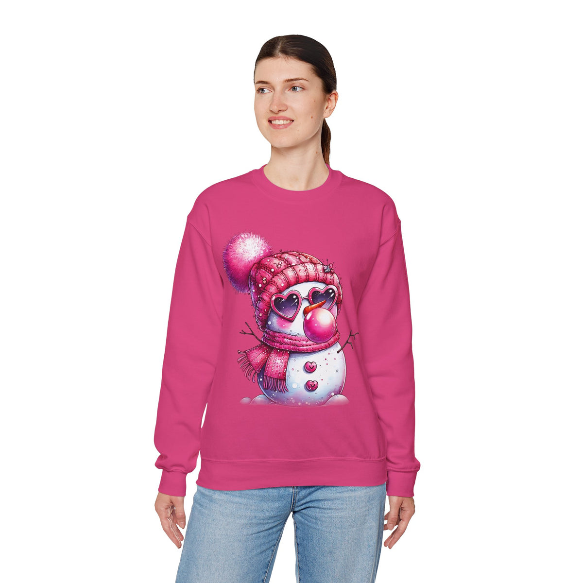 Pink Girly Snowman with Heart Sunglasses and Bubblegum - Winter – Gildan Heavy Blend | Trendy Women’s Soft Sweatshirt. Direct to Garment. Printed & Shipped in the USA. Unisex Sizes.