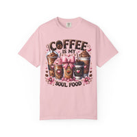Coffee Is My Soul Food, Iced Coffee, Pink Bow - Comfort Colors | Trendy Women's T-Shirt. Direct to Garment. Printed & Shipped in the USA. Unisex Sizes.