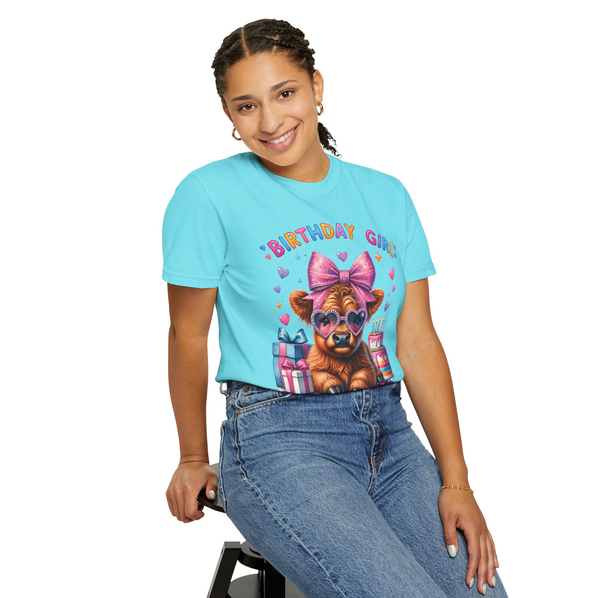 Birthday Girl, Highland Cow - Comfort Colors | Trendy Women's T-Shirt. Direct to Garment. Printed & Shipped in the USA. Unisex Sizes.