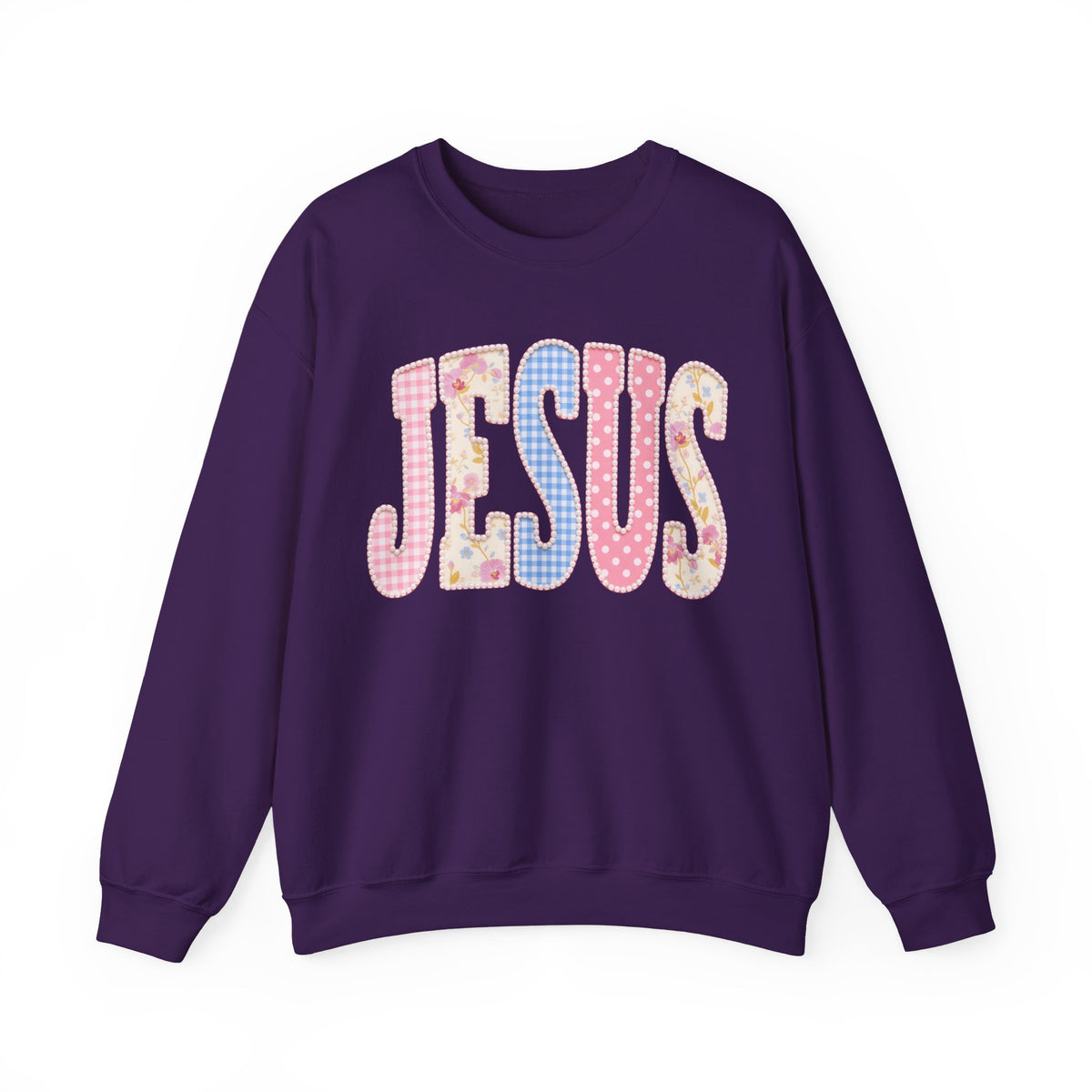 JESUS Pastel Faux Patchwork – Gildan Heavy Blend | Trendy Women’s Soft Sweatshirt. Direct to Garment. Printed & Shipped in the USA. Unisex Sizes.