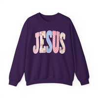 JESUS Pastel Faux Patchwork – Gildan Heavy Blend | Trendy Women’s Soft Sweatshirt. Direct to Garment. Printed & Shipped in the USA. Unisex Sizes.